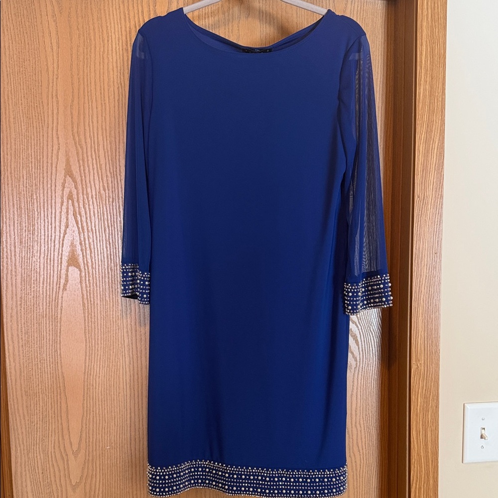 Elegant Royal Blue Evening Shift Dress with Beaded Trim. Tiana B brand